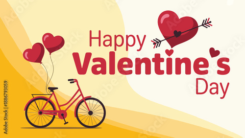 Valentine's day greeting with bicycle and heart balloons on yellow background