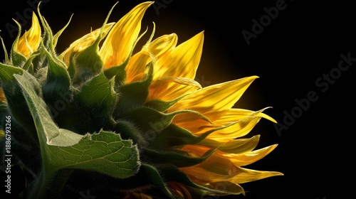 Wallpaper Mural A bright yellow sunflower, backlit against a solid black background, showcasing its petals and green stem Torontodigital.ca