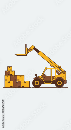 Modern Industrial Telehandler Lifting Cardboard Boxes In Warehouse Scenario Vector Illustration