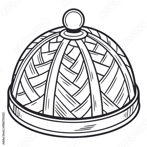 Traditional woven palm leaf rice cover, a rustic dome-shaped lid to protect freshly cooked grains in village households.