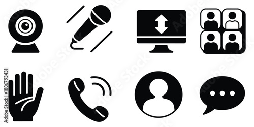 video conference icon set in solid design featuring webcam, microphone mute, screen sharing, participant gallery, raise hand, end call, waiting room, and chat panel symbols.