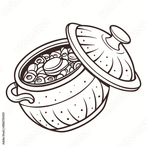 Rustic clay pot for cooking vegetables in a traditional village style, handcrafted earthenware for authentic cuisine.