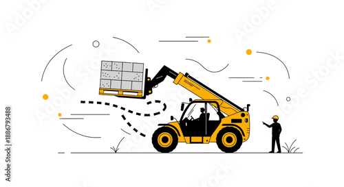 Modern Industrial Telehandler Moving Pallet Of Building Materials With Worker Supervision