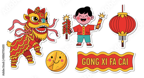 Chinese New Year celebration with lion dance lantern and boy holding firecrackers