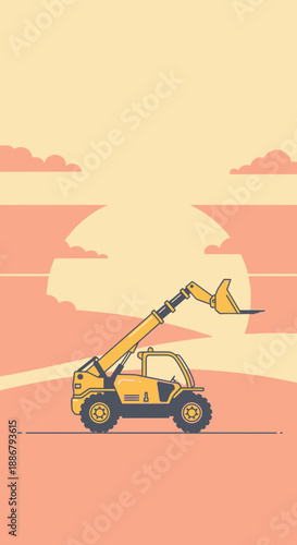 Modern Industrial Telehandler Vehicle Operating On Site Under A Stylized Evening Sky