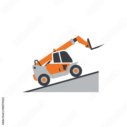 Modern Industrial Telehandler Vehicle Operating On An Incline At A Construction Site Flat Design