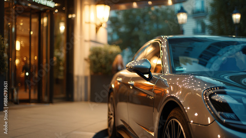 A sleek silver sports car is parked in front of a luxurious building at dusk