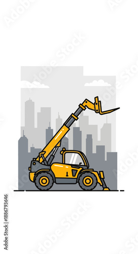 Modern Industrial Telescopic Forklift Against Cityscape Outline Background Vector