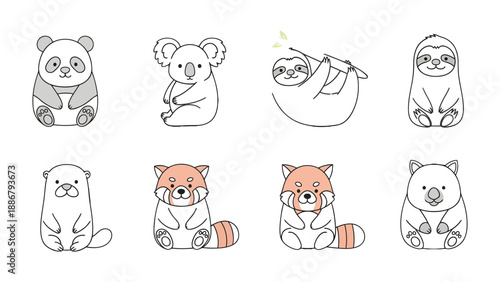 Cute animal collection illustration : A captivating collection of adorable animals, each rendered with charming simplicity and gentle colors, creating a heartwarming and playful visual narrative.