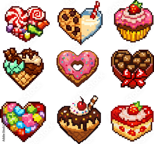 Collection of pixel art heart-shaped desserts and pastries. Cute retro food icons for games and stickers.