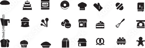 bekery icons icon, icons, symbol, money, web, bank, vector, business, set, media, black, computer, phone, dollar, car, coin, video, laptop