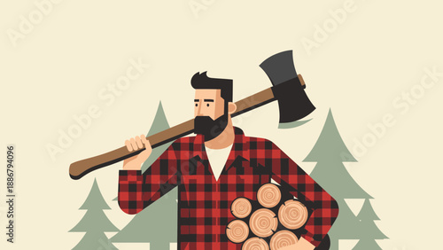 Modern Lumberjack With Axe Carrying Wood Logs in Forest Illustration
