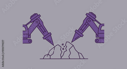 Modern Industrial Hydraulic Excavators Breaking Apart Rock Formation Vector Art