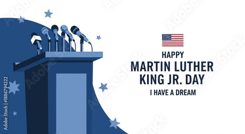 A graphic illustration celebrating Martin Luther King Jr. Day with a podium, microphones, and the American flag.