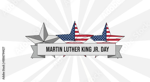 Martin Luther King Jr. Day graphic with stars and American flag elements on a radiating background.