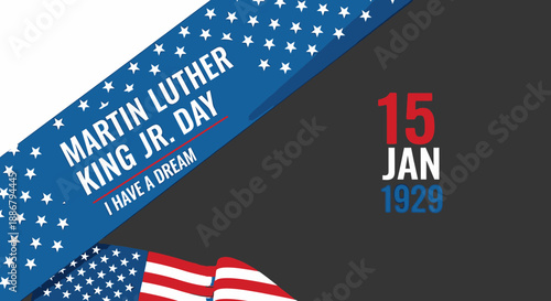Martin Luther King Jr. Day celebration with the date of his birth, January 15, 1929, and an American flag.