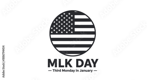 MLK Day graphic with the American flag in a circle and text indicating the third Monday in January.