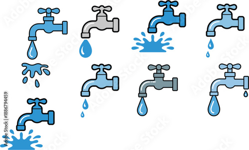 Flat vector illustration set of various water tap icons with dripping and splashing blue water droplets isolated on white