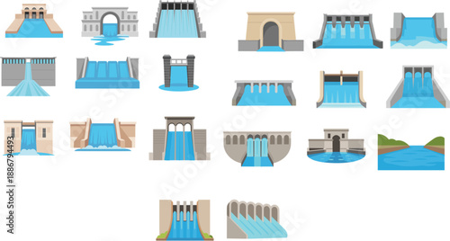 Flat vector illustration set of various hydroelectric dam icons and water reservoir power station elements isolated on white
