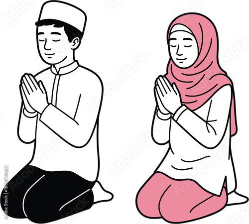 Hand drawn illustration of a Muslim man and woman in hijab kneeling and praying together isolated on white