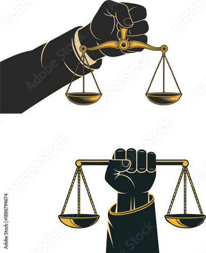 Hand Holding Scales of Justice Symbolizing Law Legal System Integrity Fairness Courtroom Authority and Professional Judicial Services Flat Vector Illustration