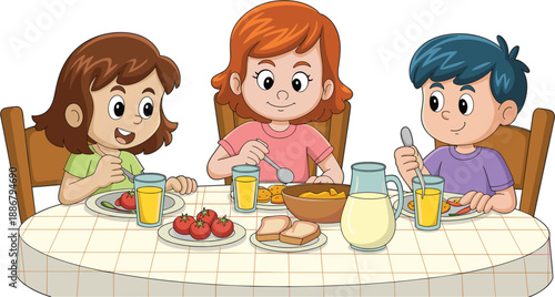 Happy cute group of children sitting at a round dining table eating a healthy breakfast meal together vector illustration isolated on white background