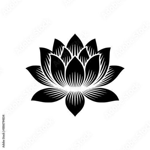 Black and white graphic illustration of a lotus flower with detailed petals, elegant symbol for yoga, meditation, spa, and wellness, clean vector art