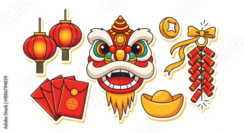 Chinese New Year celebration with lion dance elements and traditional decorations