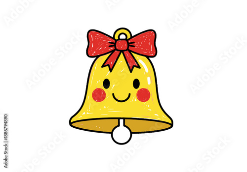 Cheerful bell character with a red bow and smiling face  