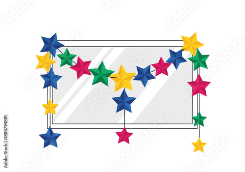 Colorful star garland hanging on a mirror with no reflections  