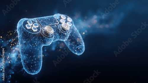 Fun gaming entertainment. A digital game controller rendered in a highresolution digital art style, featuring a blue and black color scheme with connected lines and dots.