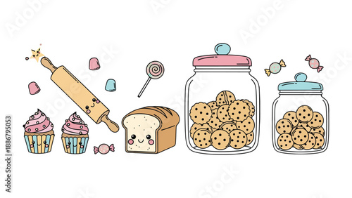 Delightful Bake Shop: An illustrated assortment of baked goods, including cupcakes, bread, cookies, and candy, arranged charmingly, and ready to bring a smile to anyone's face.