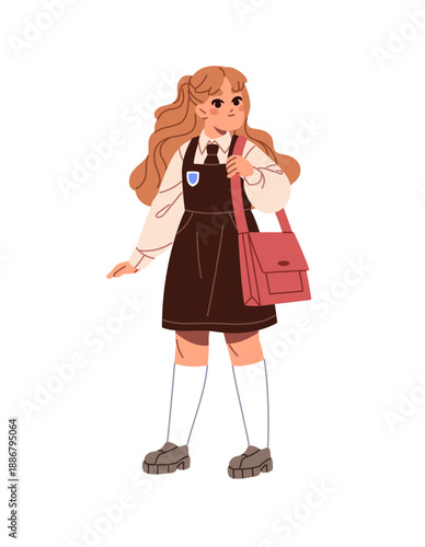 Cute student in school uniform. Happy little girl in dress with bag for books. Kid holds schoolbag on shoulder. Adorable pupil in knee high. Flat isolated vector illustration on white background
