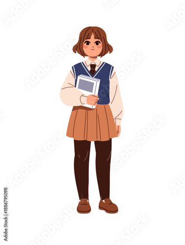 Happy student holds paper book. Cute little girl is wearing fashion school uniform with skirt and vest. Adorable kid with textbook in hands. Flat isolated vector illustration on white background