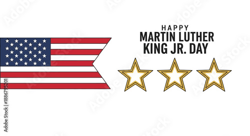A banner celebrating Martin Luther King Jr. Day, featuring an American flag and three golden outline stars on a white background.