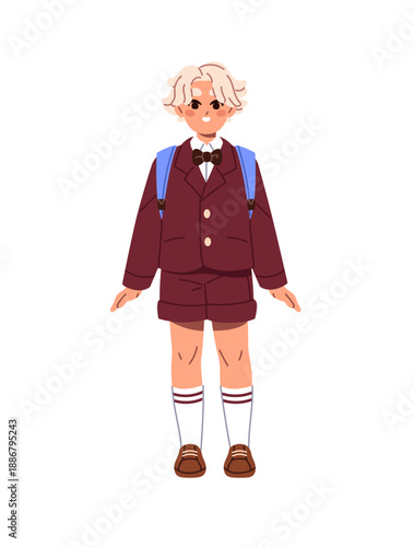 Happy student in uniform with backpack. Cute little boy in red suit with shorts and jacket. Kid in school costume. Adorable child with rucksack. Flat isolated vector illustration on white background