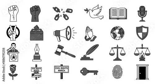 A comprehensive collection of black and white icons representing human rights, justice, peace, and social activism.