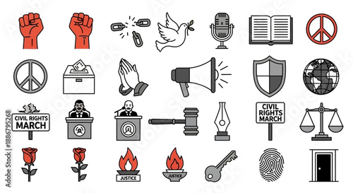 A comprehensive set of icons representing civil rights, justice, peace, protest, and human rights movements.