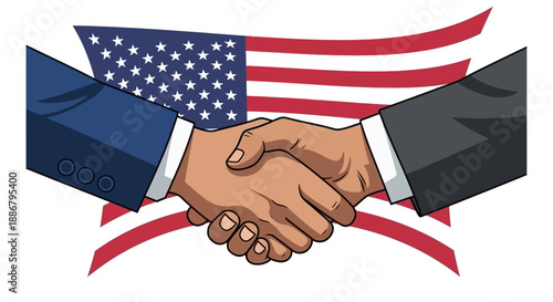 Two hands shaking in front of a waving American flag, symbolizing agreement, diplomacy, or business partnership.