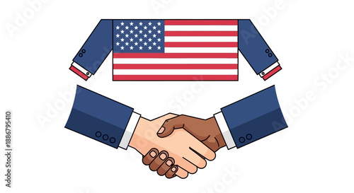 Two diverse hands shaking in agreement under an American flag patterned suit jacket, symbolizing US diplomacy or business partnership.
