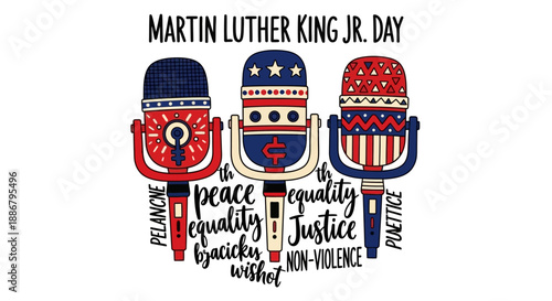 Martin Luther King Jr. Day design with three patriotic microphones and words like peace, equality, justice, and non-violence.