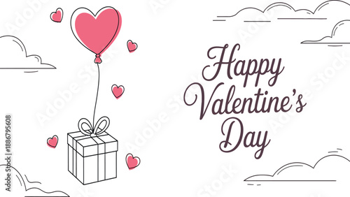 Valentine's day gift with heart balloon and clouds on white background
