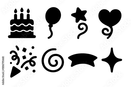 Whimsical Birthday Icons. Whimsical birthday doodles. Filled icon set of Whimsical birthday doodles: whimsical