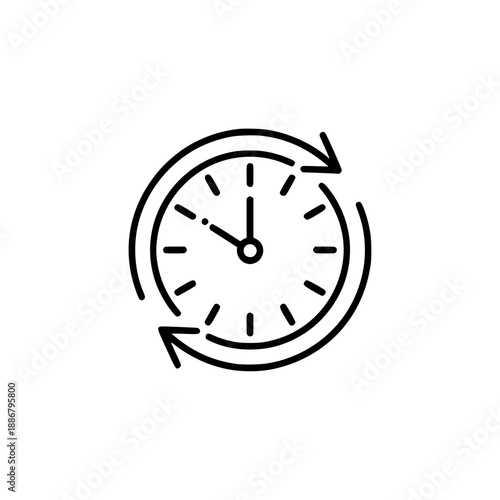 Line art illustration of an analog clock with a black outline on a white background, showing hour and minute hands on a circular dial