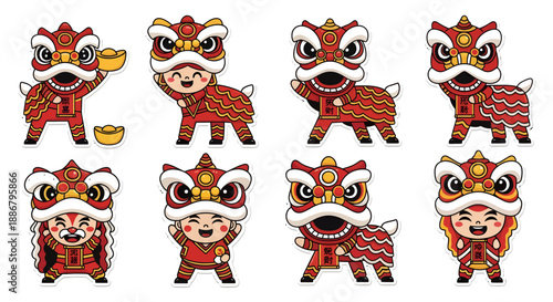 Set of Chinese Lion Dance Mascots with Children