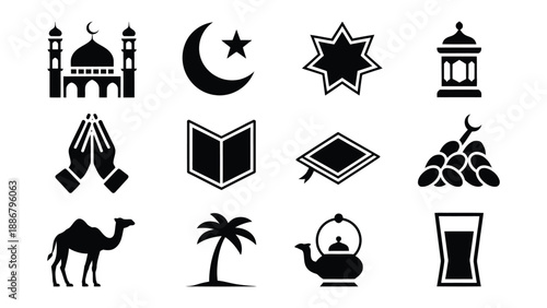 Islamic symbols and objects on white background ramadan concept with mosque crescent moon star lantern prayer beads book