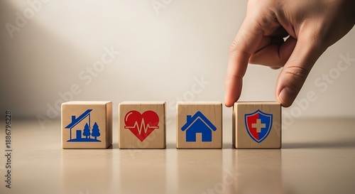 Life Insurance and Financial Protection Planning Concept with Family Home and Health Icons on Wood