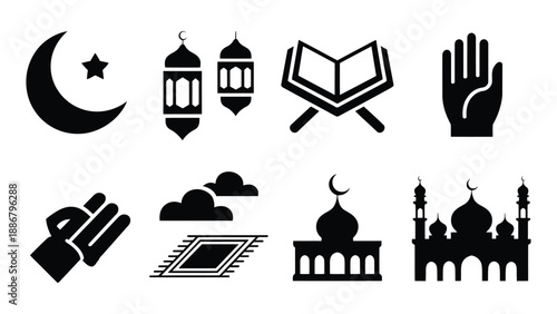 Islamic symbols and ramadan icons set including crescent moon lanterns mosque and prayer