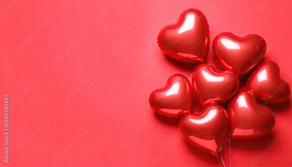 Fototapeta premium Shiny red heart-shaped balloons clustered on a solid red background