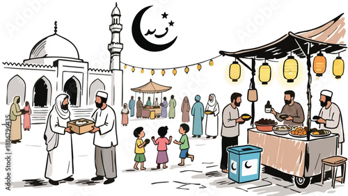 Muslim community members gather near a mosque and food market, depicting celebration, charity, and Iftar gathering under the crescent moon symbol